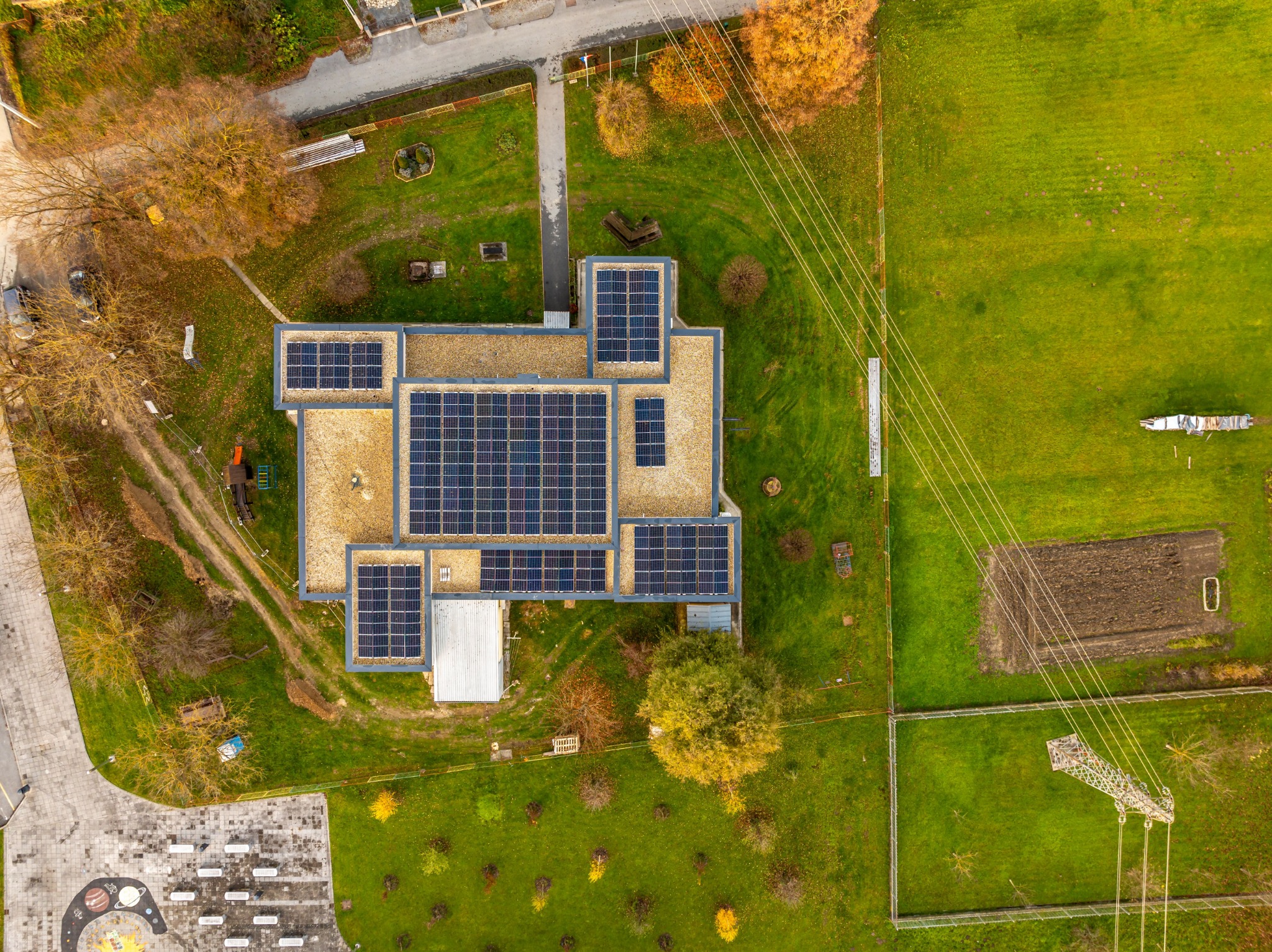 Aerial view of a solar panel system